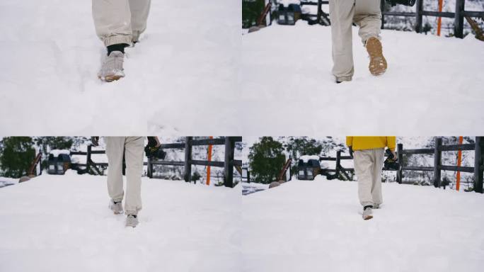 4K男子雪地上行走脚步特写