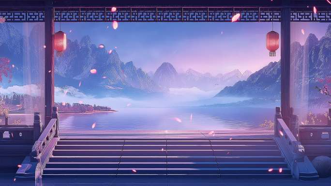 戏曲国风舞台背景 亭子廊桥 山水画