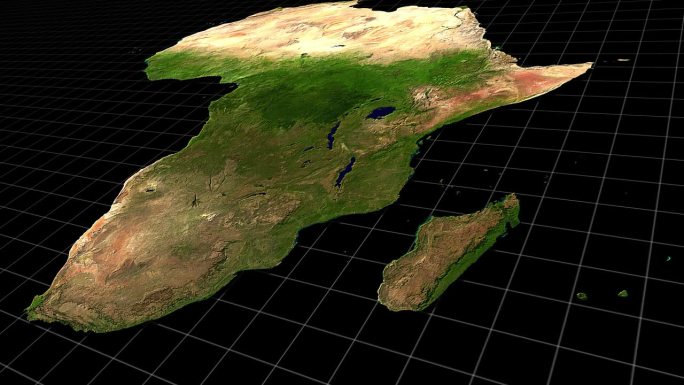 土地，网格和大陆或非洲地图黑色背景，数据可视化和环境研究。地理、世界和地形特征用于经济布局和地图学研