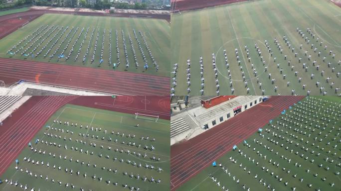校园大操场整齐排列的课间操航拍镜头