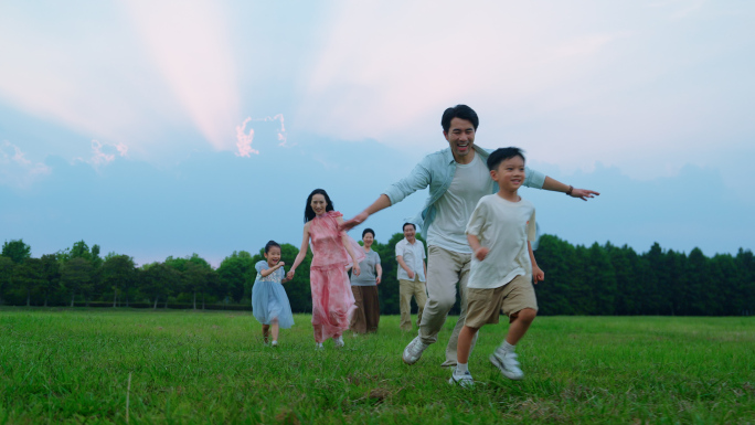 祖孙三代一家六口公园草坪休闲生活温馨和谐