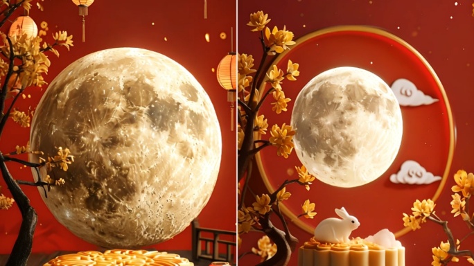 4k竖屏红色中秋月亮月饼舞台背景