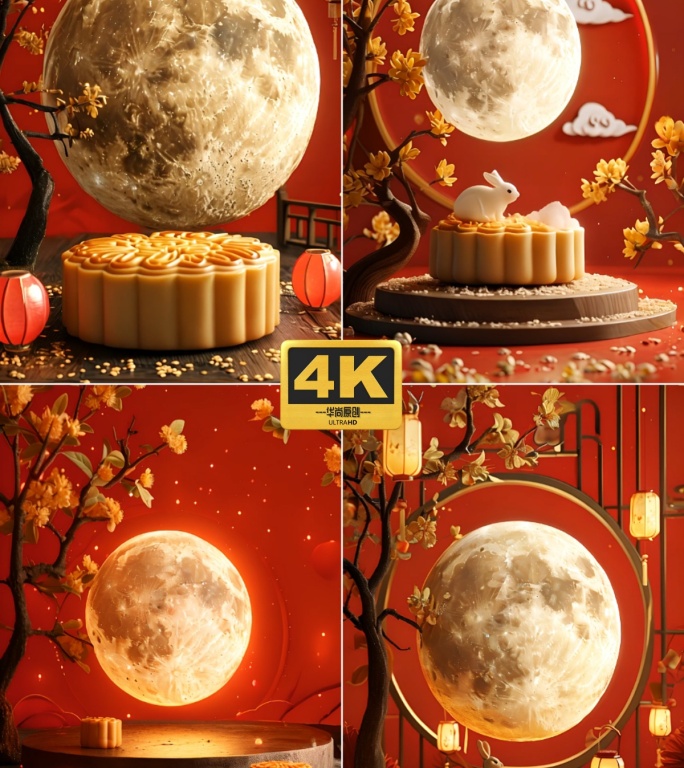 4k竖屏红色中秋月亮月饼舞台背景