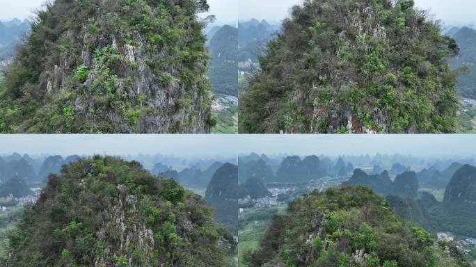 航拍桂林阳朔烟雨群山