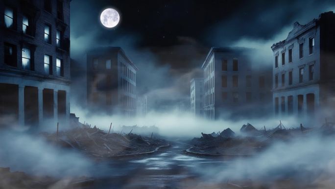 4K夜晚黑夜战争废墟危房建筑破旧破烂背景