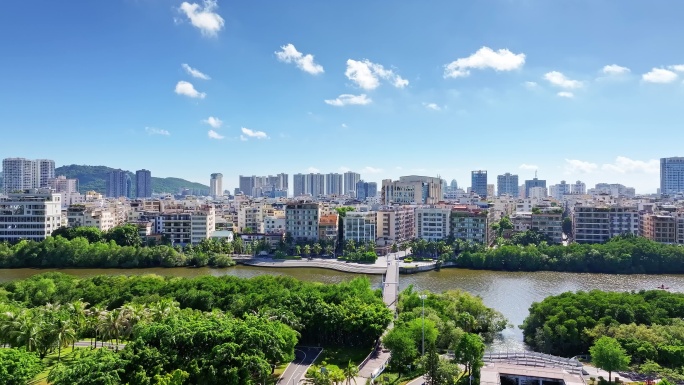 航拍海南三亚市吉阳区白鹭公园