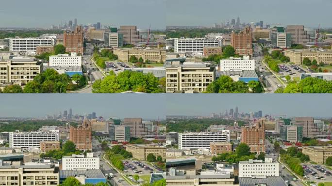 清晨从俄亥俄州克利夫兰大学环城拍摄的市区天际线航拍