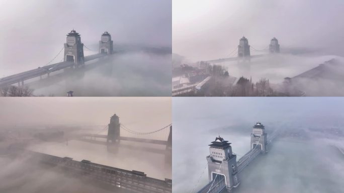 航拍扬州万福大桥清晨晨雾流动平流雾空镜