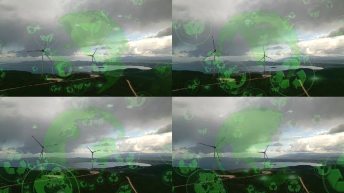 替代能源。风力农场。水平轴风力涡轮机发电的鸟瞰图风能。清洁可再生能源技术。风力发电厂。动画可视化概念