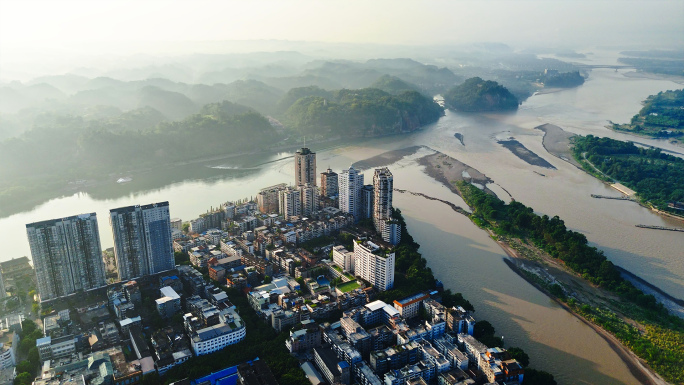 乐山大佛城市航拍日出三江汇流