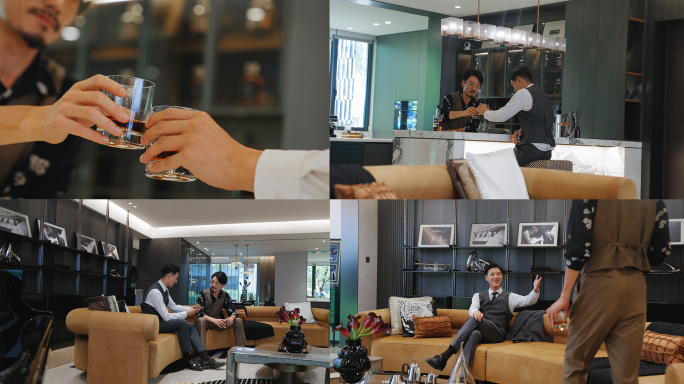 富人青年企业家在洋房大平层喝酒聊天商务