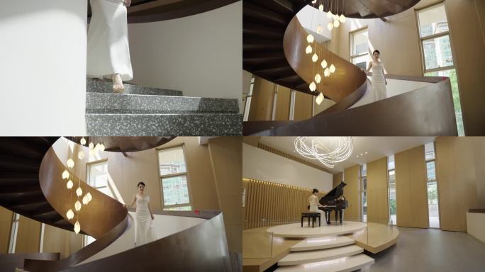 【4K】优雅女人从螺旋楼梯走下来弹钢琴