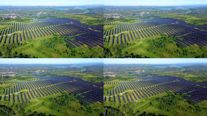 航拍视角光伏发电站青山绿水绿色清洁能源