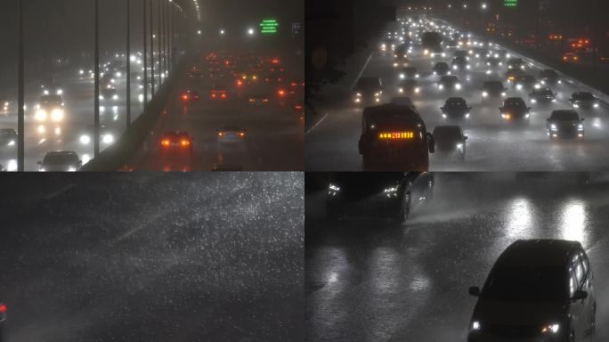 4K原创实拍夜晚暴雨中道路车流