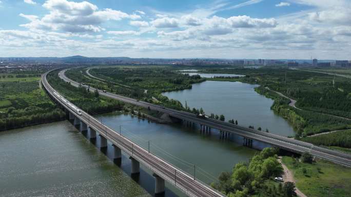 航拍乌兰察布集宁霸王河高铁大桥 延时