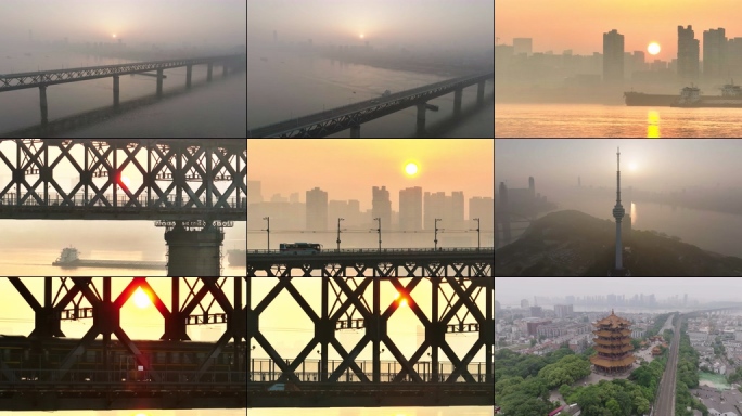 4K航拍武汉 汉江落日下的大桥