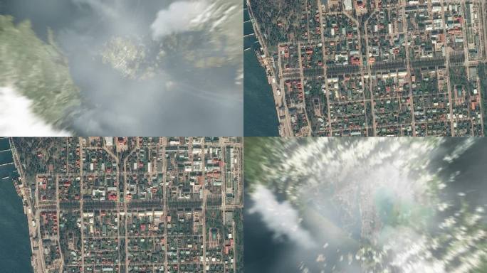 地球从太空放大到奥兰岛的玛丽汉。接着是通过云层和大气层进入太空。卫星的视图。旅游介绍。图片来自Bin