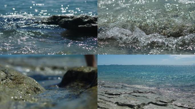 海边礁石海浪冲击海螃蟹特写空镜视频