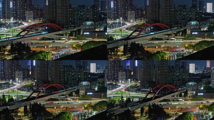 地铁行驶在城市的夜色中