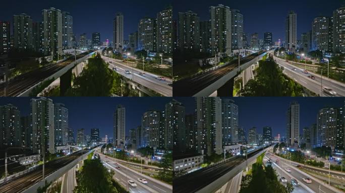 地铁行驶在城市的夜色中