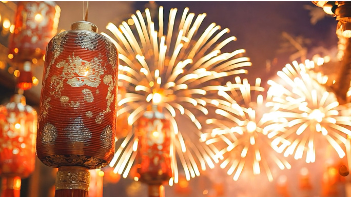 新年春节除夕烟花年夜饭团圆团聚回家