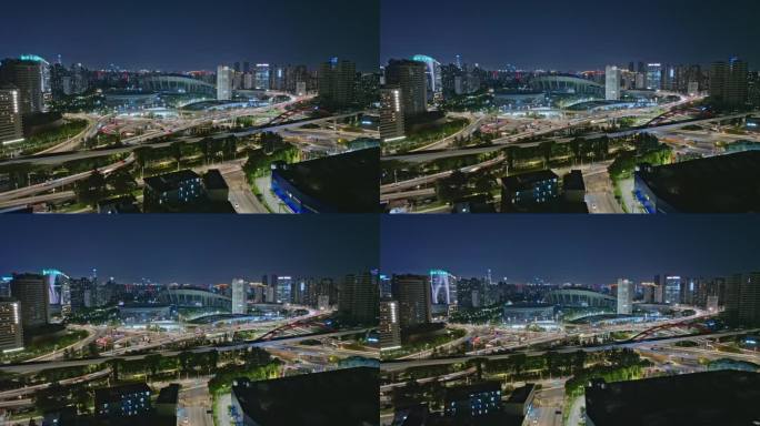 地铁行驶在城市的夜色中-徐汇漕溪北路立交