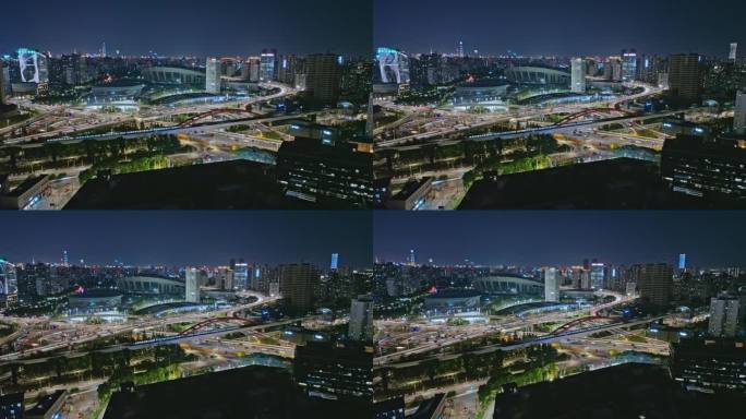地铁行驶在城市的夜色中-徐汇漕溪北路立交