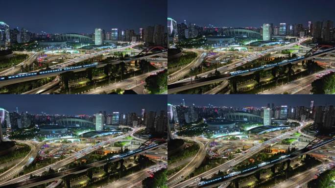 地铁行驶在城市的夜色中