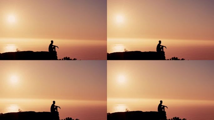 人，倒影和剪影在山上的夕阳天空与正念，和平和模拟空间的自然。徒步旅行，阳光和休息的悬崖与平衡，记忆和