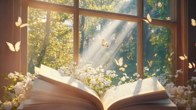 魔法书 书中蝴蝶 窗边阳光 窗边书本