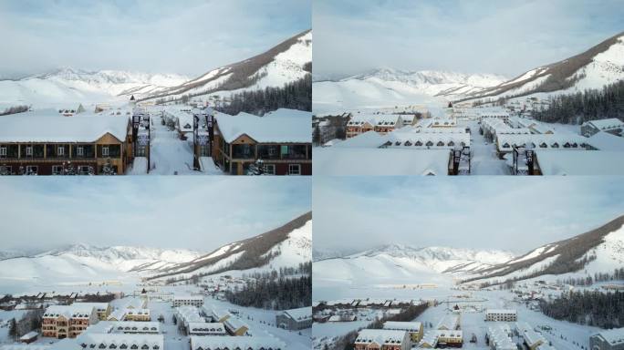 航拍冬季阿勒泰贾登峪雪山下雪升起