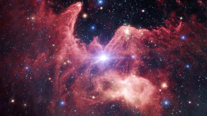 太空飞行进入鹰状星云或高耸的地狱或山的创造柱的星系与移动的恒星。4K 3D渲染飞行通过宇宙云。配上N