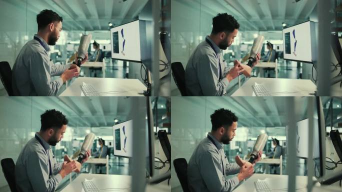 男士，开发人员或技术与假肢研究，3d建模或人工身体部位在办公室。年轻男性或为截肢受伤或残疾而使用合成