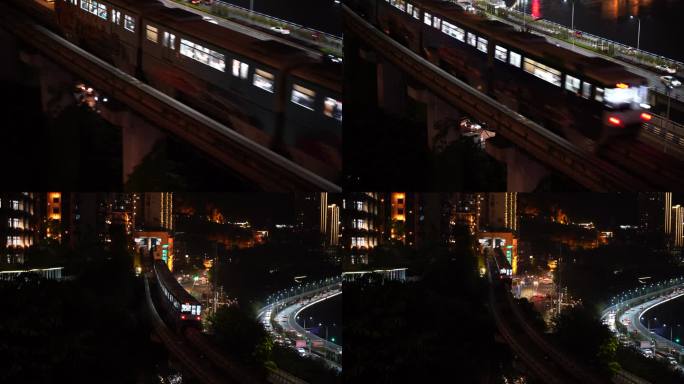 夜晚动车从城市驶过 地铁行驶 重庆轻轨