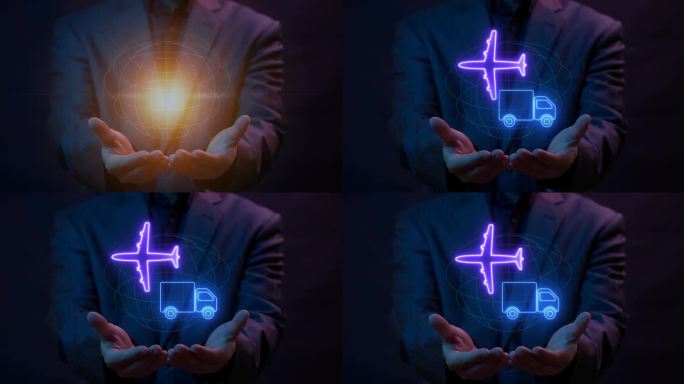 商人展示飞机和卡车的动画与世界全球线艺术。运输理念，全球物流网络，进出口，配送，海运，全球业务。