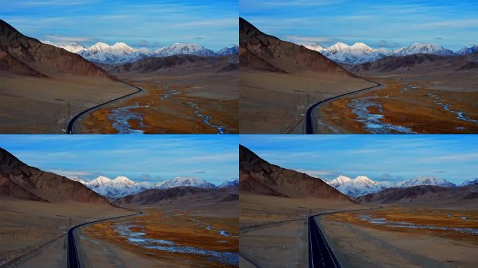 航拍深秋的帕米尔高原中巴公路雪山草原湿地
