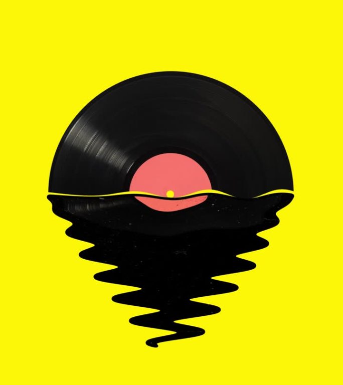 乙烯基日落。黑胶唱片机在图像的太阳与水的反射。黄色背景，放松的声音。定格运动，动画。