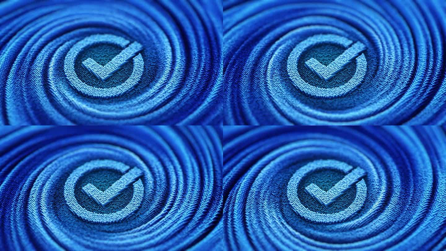 无缝循环。在未来的蓝色漩涡像素化背景上勾选标志。通过，投票符号。正确选择3d插图。