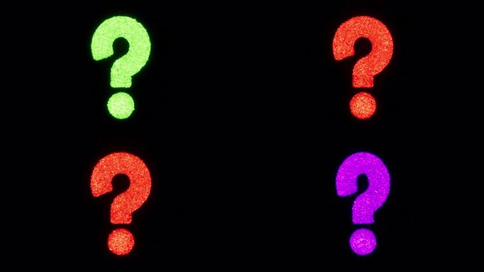 问号符号闪烁3D旋转透明绿色，红色，紫色，青色与Alpha通道