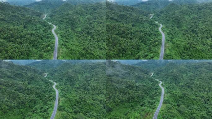 无人机在阳光下盘旋在蜿蜒的道路上，蜿蜒的柏油路穿过热带雨林。乡村景观。泰国南省的标志性旅游景点。