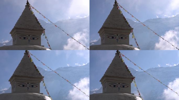 一座以雄伟的喜马拉雅山为背景的寺庙。沐浴在阳光下，这一场景捕捉到了尼泊尔高海拔景观的宁静之美和精神精