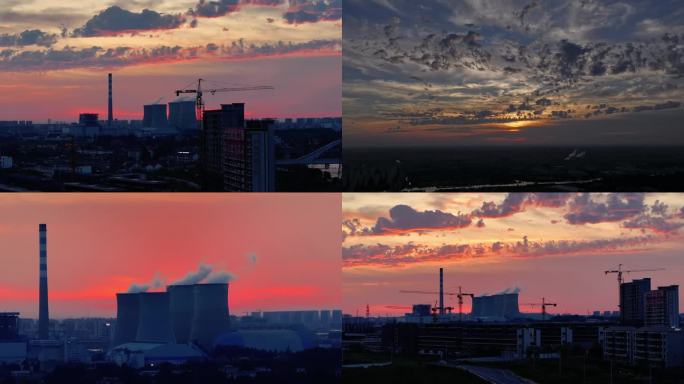 航拍夕阳火烧云火力发电站延时空镜能源