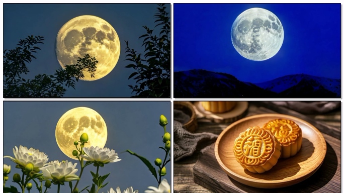 中秋节大月亮圆月满月花好月圆月饼素材
