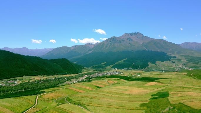 高原草甸山脉村庄卓尔山田野航拍