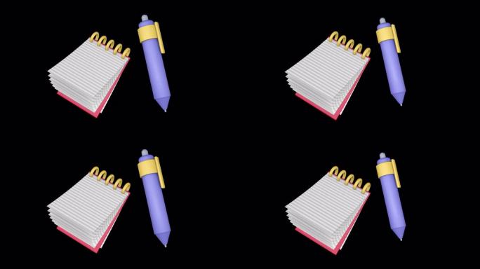 笔记本和笔，透明alpha通道背景上的3D动画