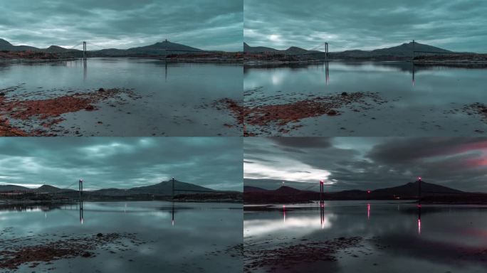 Kjellingstraumen大桥上空的云层和桥上的交通。夜晚桥上明亮的灯光。