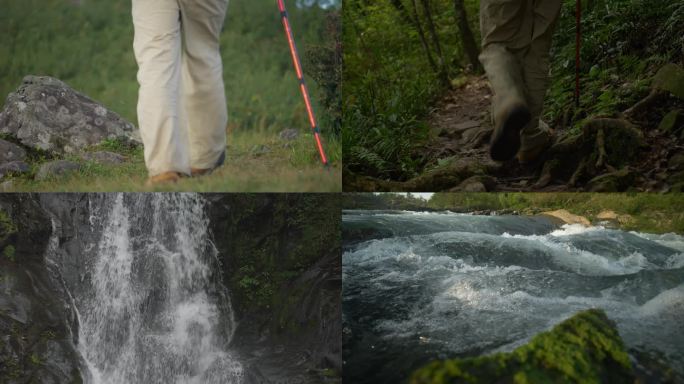 登山攀登背包客徒步旅行山河流水山泉跑步