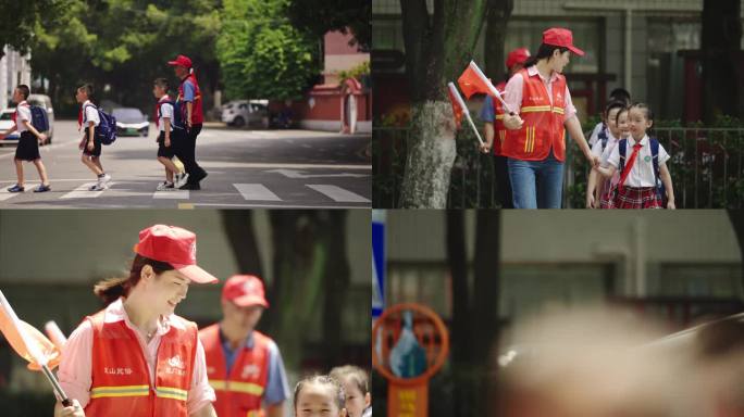 志愿者服务带领小学生过马路
