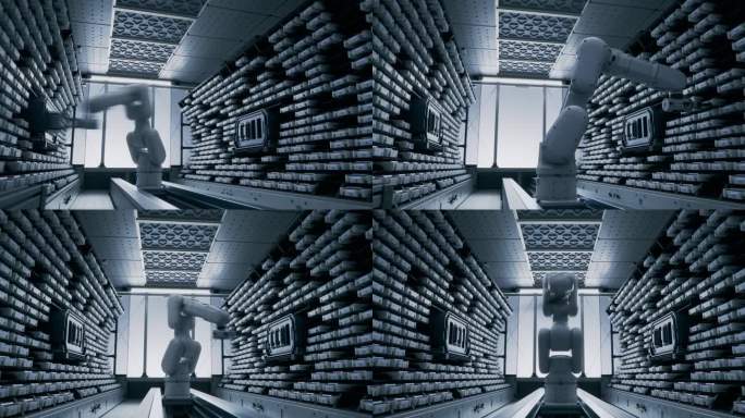 高精度工业机械臂内工作延时自动化企业数据管理与存储解决方案。高科技工厂里带有机械臂的未来存储和处理室