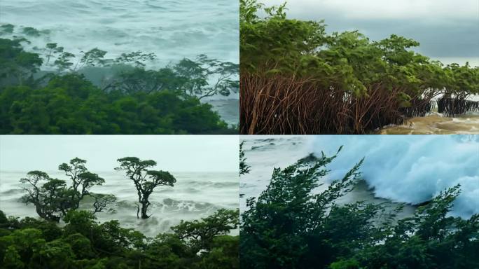 海上强风对红树林的吹动 海浪摧毁
